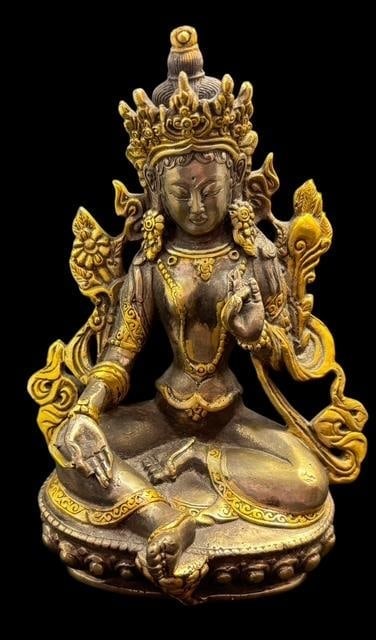 Hallmark Signed Gilt Metal Tibetan White Tara Figure: White Tara Goddess Tibetan cast metal figure with gilding. Hallmark signed. Measures 5" tall x 3.5" wide.