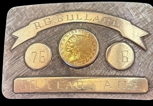 Stunning 1914 Gold Indian Head 2 1/2 Dollar Coin in Sterling Signed Belt Buckle: 1914 90% Gold Indian Head 2 1/2-dollar Coin in Sterling Belt Buckle signed "Handmade RWC." Front is marked "RG Bullard 50 Year A.N.A". Measures 2.75" x1.75". TW 53 grams