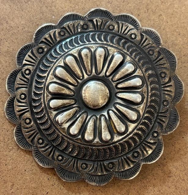 Tommie Charlie Signed Native American Navajo Pin: Native American Navajo sterling Concho pin/pendant. Signed Tommie Charlie. Measures 2.5". 27 grams