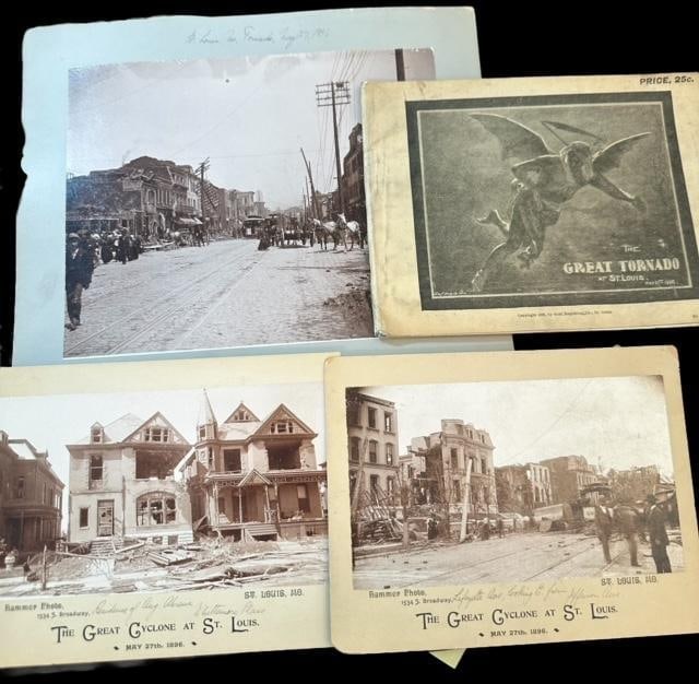 Original Lot of 4 Historic St. Louis MO Photographs Tornado 1896: Lot of four historic St. Louis MO photographs. 1) St. Louis MO tornado aftermath on South Broadway May 27, 1896. Matted photo measures 12" x 10". Visible photo measures 8" x 6". 2 and 3) Photographs o