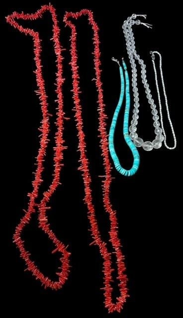 Lot of Five Assorted Necklaces - Coral, Turquoise, Pearl and Crystal: Lot of five assorted necklaces. Two red coral and each measure 38" long. One turquoise and measures 17". One vintage faux crystal measure 22"-no clasp. One seed pearl necklace 14"