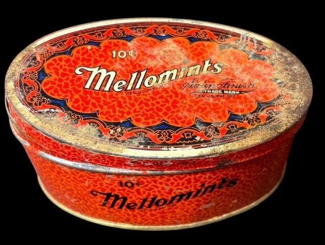 Oval Antique Mellomint Tin by Brandle and Smith Co.: Original antique Mellomints tin, by Brandle and Smith Company, Philadelphia, PA. Liberty Can Co. Lancaster, PA. Measures 4" x2".