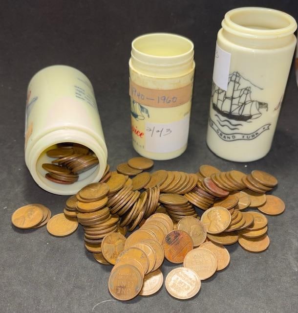 Lot of Wheatie Pennies: Lot of 3 spice tins filled with Wheatie Pennies. Tin 1 - 74 pennies dated 1909-1939. Tin 2 - 86 pennies dated 1940-1960. Tin 3 - 43 Steel pennies dated 1943.