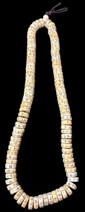 Tibetan Bone Full Mata Bead Necklace: Full Mata 108 bead Tibetan carved bone bead necklace. Measures 26".