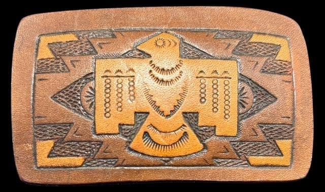 Mid-Century Multi-Tone Leather Thunderbird Belt Buckle: Mid Century multi tone thunderbird belt buckle. Would fit a 1.5" belt. Measures 3.25" x 2".