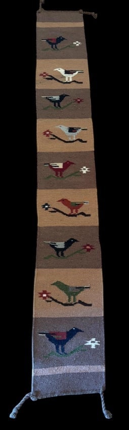 Hand Woven Native American Wool Wall Hanging: Hand woven wool wall hanging. Nice bird design. Attributed to Kilim Weavers. Measures 6'10" x 10".