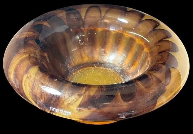Antique Tortoise Shell Color Glass Bowl: Antique Tortoise Shell color glass bowl with rolled top edge, frosted base and beautiful varied coloration. 9" diameter, 3.5" high.