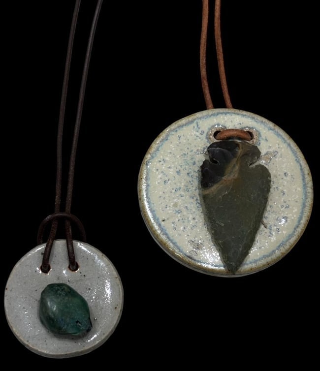 Lot of Two Glazed Pottery Necklaces with Arrowhead and Turquoise Chunk (1 of 3)