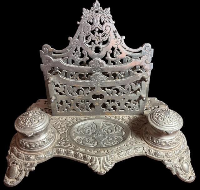 Cast White Metal Desk Letter Holder and Inkwell (1 of 5)