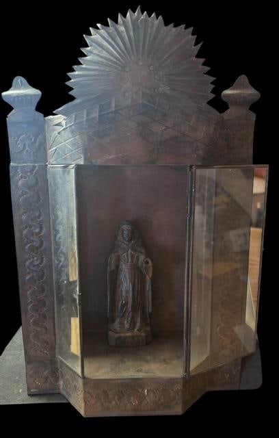 Hammered Copper Shadow Box/Nicho with Wooden Carved Religious Figure (1 of 6)