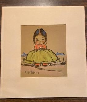 Christoffersen Native American Girl Print: Vintage Native American print. Printed signature Christoffersen. Art measures 7.5" x 6.5". Matted it measures 10.5" x 9.5". Copyright: Tewa Enterprises, Santa Fe NM.