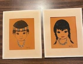 Pair Of Native American Silk Screen Art Pieces Signed Bartos: Pair of Vintage American silk screen boy and girl. Signed Bartos. Measures 10" tall by 8" wide.