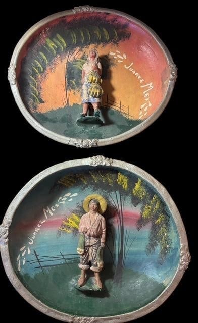 Pair Vintage Mexican Hand-Painted Souvenir Pottery Wall Hanging Plaques 1940 (1 of 4)