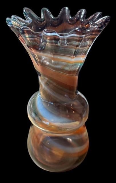 Fluted and Crimped Brown Tone Glass Vase: Crimped and fluted top glass vase. Brown tone swirls. Me asures 7.5" x 3.5" .