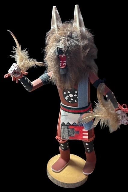 Wood Carved Painted "Wolf" Kachina Signed Padilla: Hand carved painted kachina with fur and feather accents. Signed Padilla, titled "Wolf". Measures 11.5" tall.
