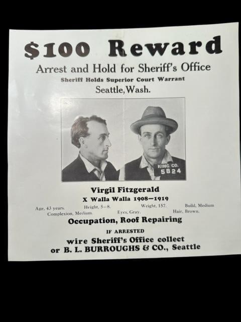 Reward Poster for Virgil Fitzgerald - Seattle Wash 1920 (1 of 1)