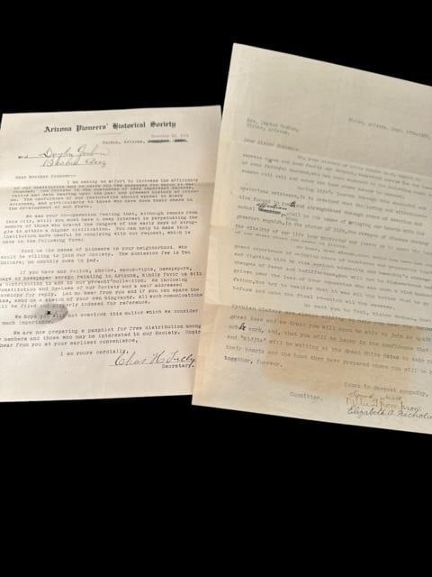 Arizona Pioneers' Historical Society Mormon Condolence Letter 1921 &1922: Original letter from Arizona Pioneers' Historical Society 1922 and condolence letter to member. Bisbee, Arizona Dec. 10, 1921. Regarding Dayton Graham captain of the Arizona rangers.