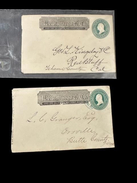 Lot of Two 1880's Wells Fargo Envelopes Stamped Early California: Lot of two 1880's Wells Fargo envelopes with stamps. Dated 1876. One is postmarked; one is not. From early Red Bluff, California and Oroville, California.