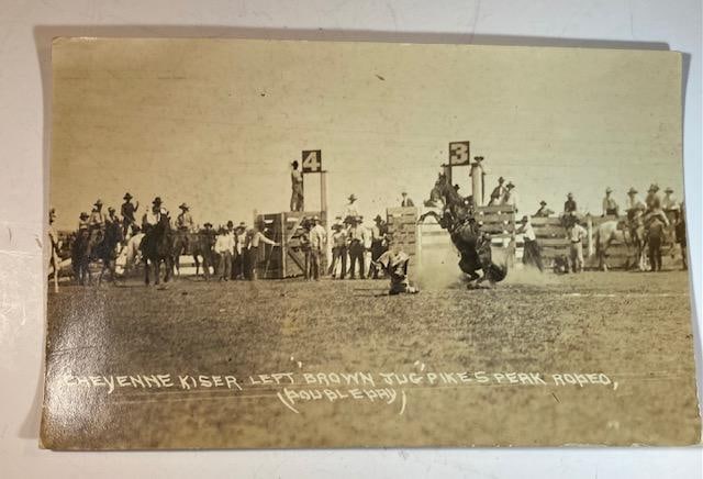 1910-1920 Rodeo Round-up Cowboy Photo: Cheyenne Kiser Left Brown Jug Pikes Peak Roped. Real Photograph Post Card Rodeo, Round-up, Bucking Bronco, photos by R.R. Doubleday and others. Circa 1910s- 1920s.