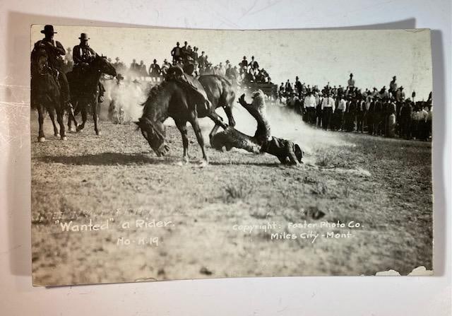 1910-1920 Rodeo Round-up Cowboy Photo: "Wanted" A Rider. Foster Photo Company, Miles City, Montana No. H19. Real Photograph Post Card Rodeo, Round-up, Bucking Bronco, photos by R.R. Doubleday and others. Circa 1910s- 1920s.
