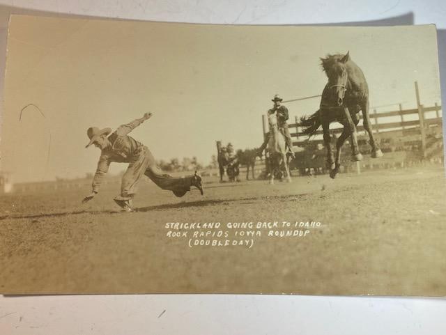 1910-1920 Rodeo Round-up Photo: Strickland going back to Idaho Rock Rapids Iowa Roundup 1919.Real Photograph Post Card Rodeo, Round-up, Bucking Bronco, photos by R.R. Doubleday and others. Circa 1910s- 1920s.