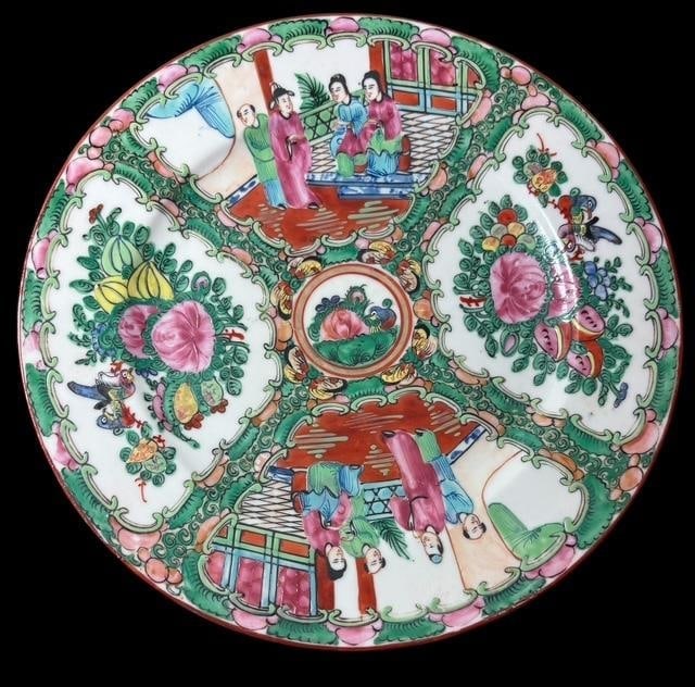 Chinese Export Rose Medallion Hand-Painted Plate/Shallow Bowl: Hand-painted 10" wide Chinese Export rose medallion plate/shallow bowl. Marked made in China in oval back stamp.