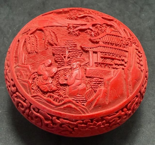 Chinese Red Cinnabar Round Trinket Box (1 of 4)