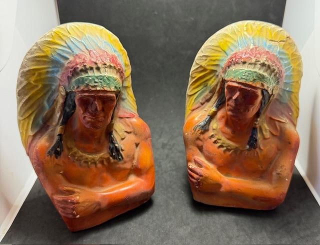 Pair of Plaster Indian Chief Bookends ca 1930 - 1940 (1 of 4)