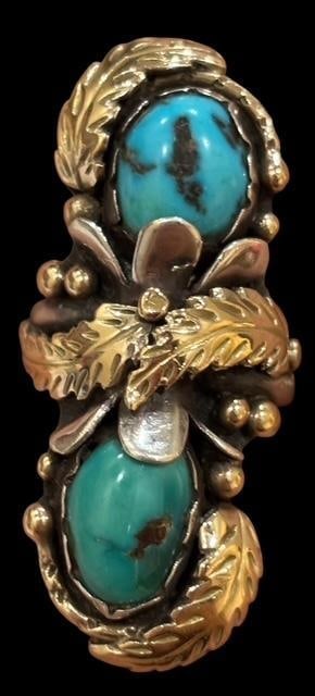 Native American Navajo Signed Carl Luthy 14K, Turquoise and Sterling Ring: Native American sterling, turquoise and 14K yellow gold ring. Marked sterling with the Carl Luthy hallmark shop icon and the numerals 2857. Ring is size 7.5 and measures 1.75" long.