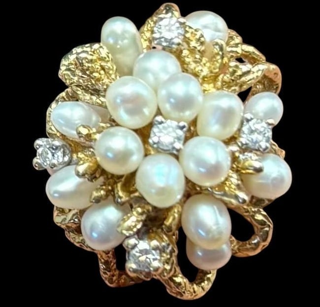 14K Gold Ring with Pearl and Diamond Chip Accents Iranian Ca. 1970s: 14K gold ring with pearl and diamond chip cluster accent. Weighs 10.3g and is size 7. Purchased in the 1970's when the Shah was still in power.