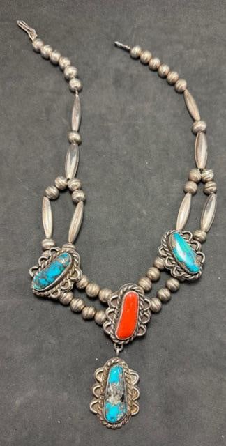 Native American Navajo Sterling, Turquoise and Coral Necklace (1 of 3)