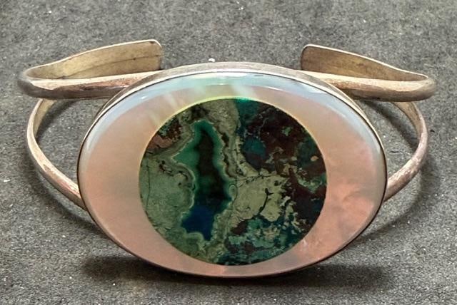 Chinese Sterling Cuff Bracelet Mother of Pearl and Stone Signed DTR (1 of 3)