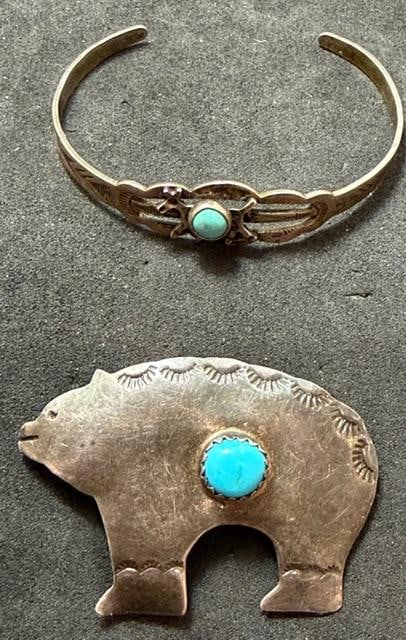 Lot of Two Native American Child's Cuff Bracelet and Bear Fetish Pin with Turquoise (1 of 4)
