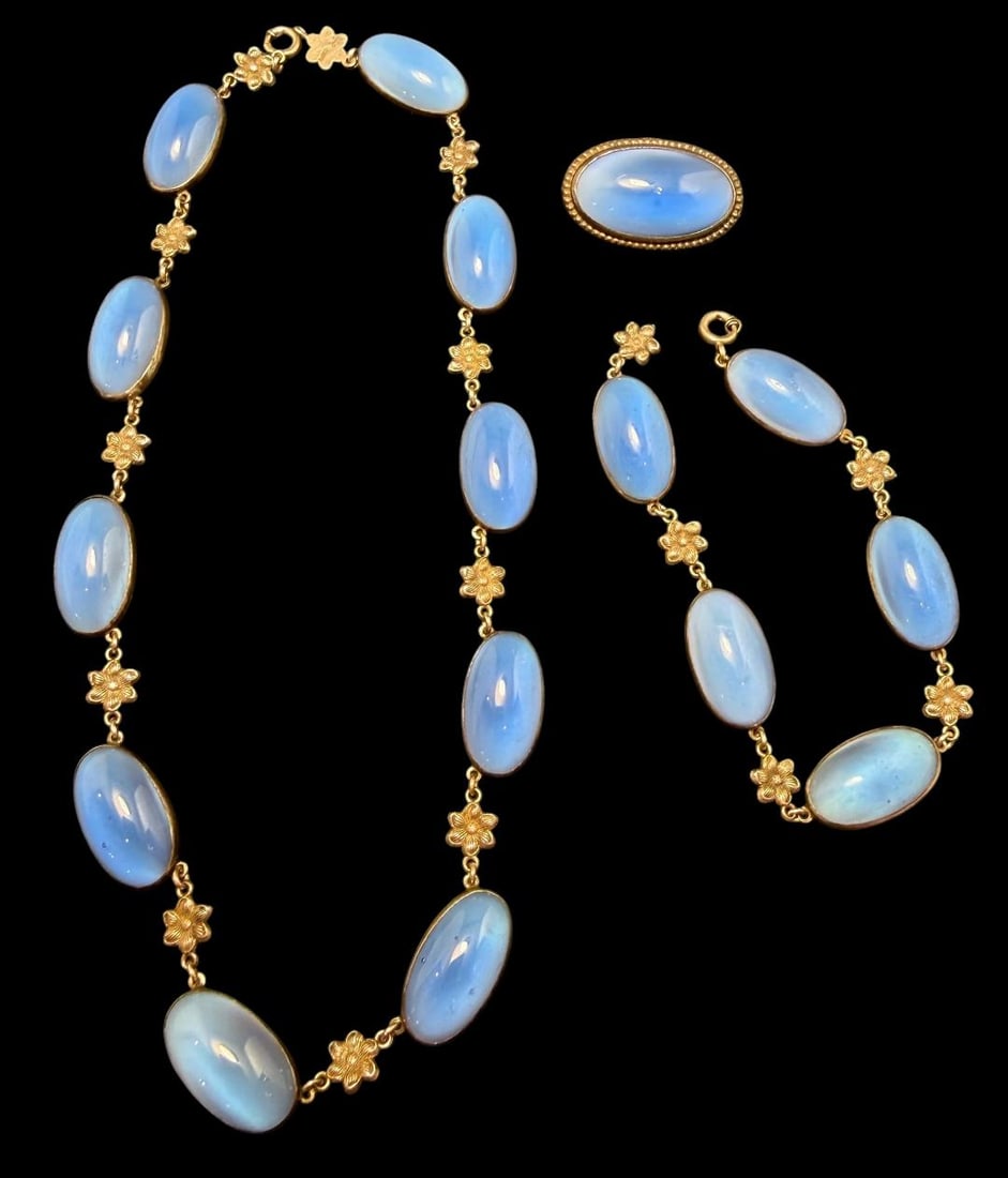 Sterling and Stone Jewelry Set Necklace, Bracelet and Pinback Blue Catseye: Sterling and stone necklace, brooch and bracelet set. Marked sterling and stones appear to be Cat's Eye glass. Brooch measures 1" x .75". Bracelet measures 7" long. Necklace measures 14". Total weight