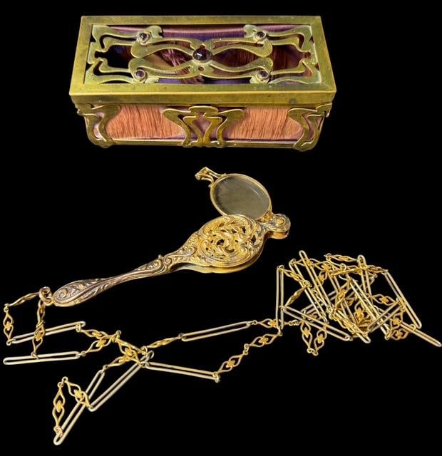 Art Nouveau Gilded Brass Box with Folding Eye Glasses (1 of 6)