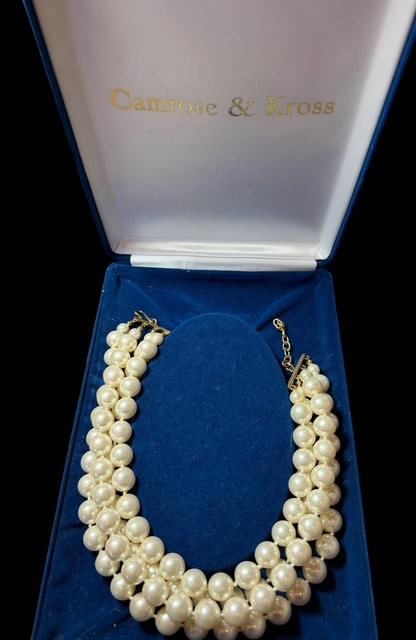 Camrose & Cross Four Strand Costume Jewelry Pearl Necklace NEW: Camrose and Kross four strand faux pearl necklace in original box. Jackie Kennedy Necklace measures 16" in box measuring 1.5" x 6" x 9".