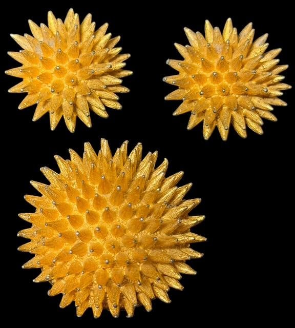 Vintage DeNicola Gold Tone Urchin Atomic Era 1960s Pin and Clip-on Earrings: Vintage DeNicola gold tone urchin pin and clip-on earrings. Pin measures 1.5" and earrings measure 1.25" each.