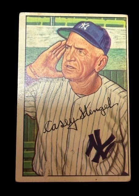 Bowman 217 New York Yankees Casey Stengel Manager Baseball Card: Bowman 1952 series #217 New York Yankees manager Casey Stengel Baseball card. Measures 2" x 3".