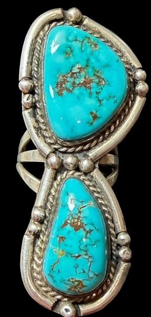 Native American Navajo Sterling and Turquoise Ring Size 7 1/2: Native American Navajo sterling (tested) and turquoise stone ring. Stones are lovely. Measures 2.25" x 1". Size 7 1/2