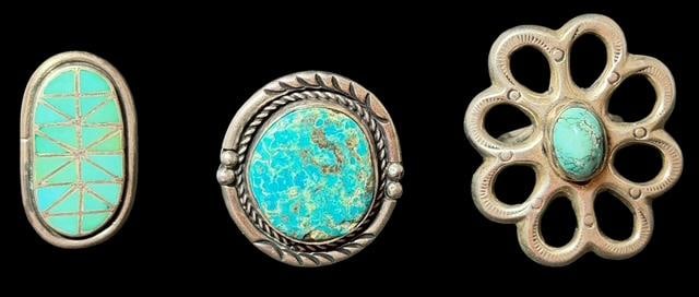 Lot of Three Native American Sterling and Turquoise Rings Chee and Bobelu: Lot of three Native American sterling and turquoise rings. 1) Sandcast, signed K.Y. Chee. Size 8.5. 2) Zuni, signed Bobelu. Inlaid turquoise. Size 7.5. 3) Tested sterling, unsigned with round turquois