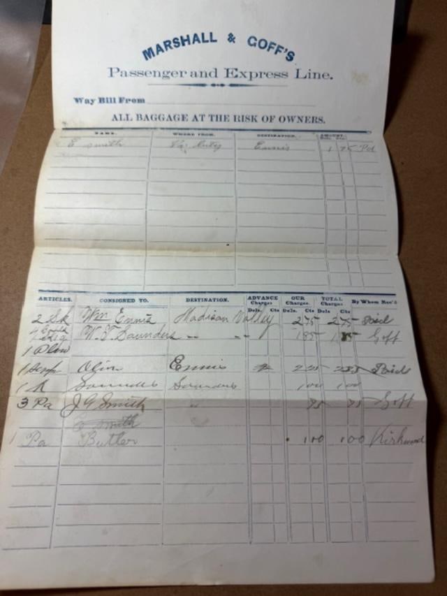 Original 1880s Stagecoach Express Line Manifest Virginia City, Montana: Original Virginia City, Montana, Marshall & Goff's Express Line stagecoach manifest. April 6, 1881. Signed by Goff. 13.5"x8.5".