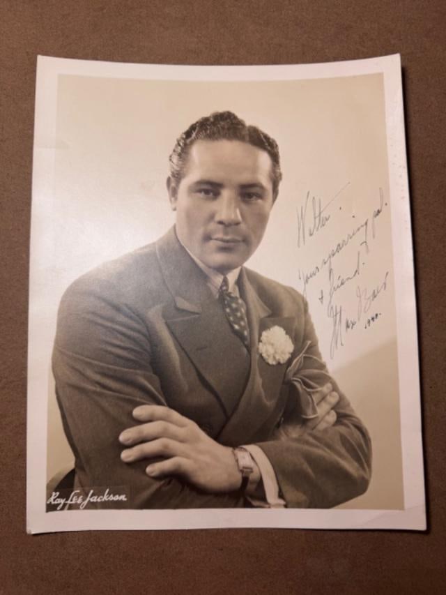 Heavyweight Boxing Champion Max Baer Autographed Photo: Original Ray Lee Jackson 8"x10" photograph of Boxer Max Baer. Inscribed to "Walter, Your sparring pal and friend." 1948. Maximilian "Max" Baer was an American boxer who was the World Heavyweight Champ