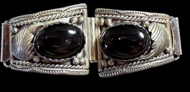 Signed Sterling and Onyx Watch Band Tips FS Sandoval: Sterling and onyx watch band tips by F.S. Sandoval. Speidel type flex band. Measures 5.5" long and can accommodate a watch face up to 5/8".
