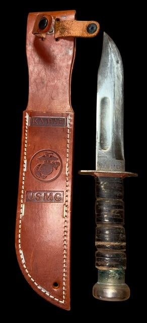 USMC KA BAR Knife: USMC KA-Bar knife. Has MF scribed on each side of the blade. F scribed on end hilt. Total length measures 11.5". Blade measures 7". Blade and sheath marked USMC DA Bar.