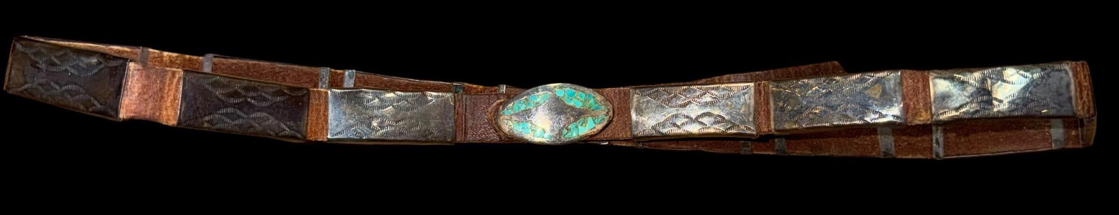 Sterling and Inlaid Turquoise Hat Band: Sterling (tested) and inlaid turquoise hat band. Unsigned. Measures 22" circumference. Rectangular pieces measure 1.25" x .5".
