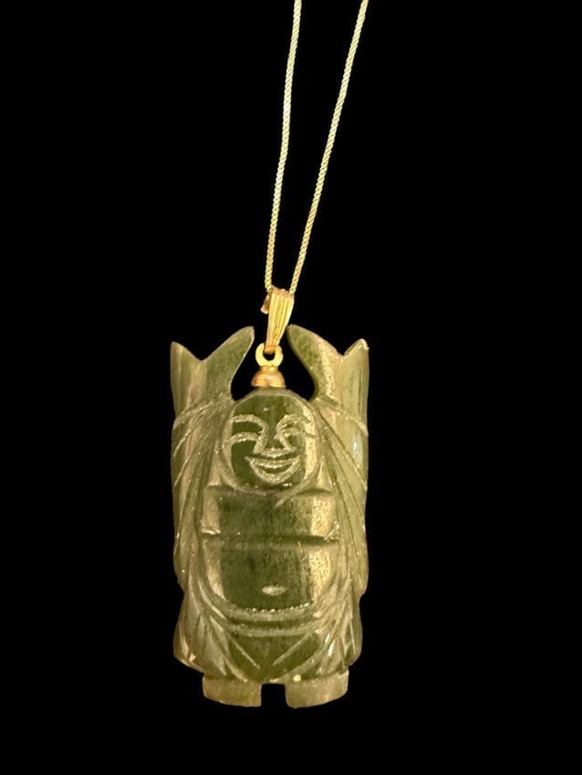 Chinese Carved Buddha Deity Jadeite Pendant on 14K Gold Chain (1 of 3)