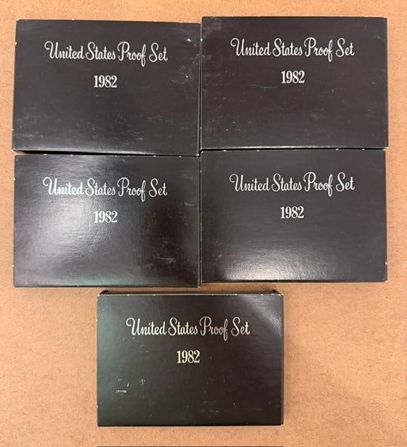 1982 United States Mint Five-Coin Proof Set: 1982 United States mint box five-coin proof set. Original box. Box measures 5.5" x 3" x 3.75".