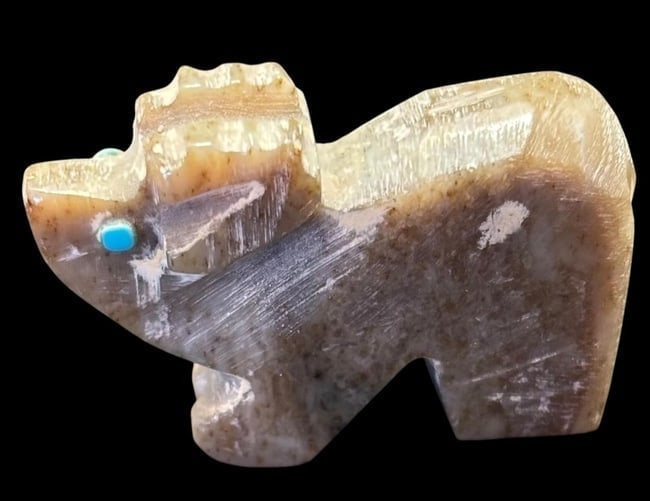 Hand Carved Stone Ram Fetish: Hand carved stone ram fetish with turquoise accents. Measures 1.50" x .75".