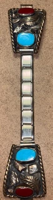 Native American Navajo Sterling, Coral and Turquoise Watch Band (1 of 3)