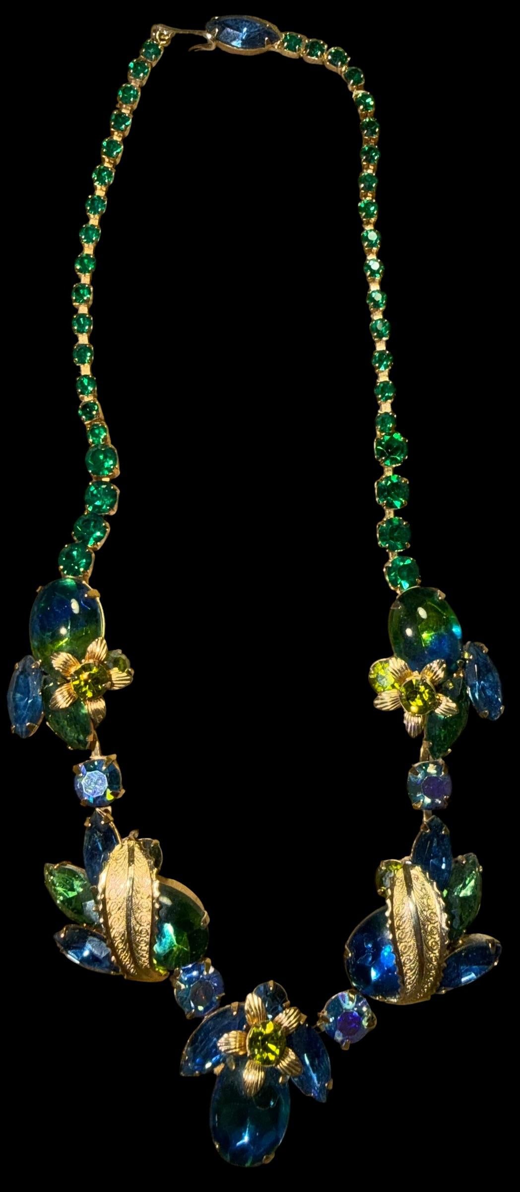 Weiss Vintage Rhinestone Necklace: Weiss vintage rhinestone necklace with green and blue stones. Measures 17".